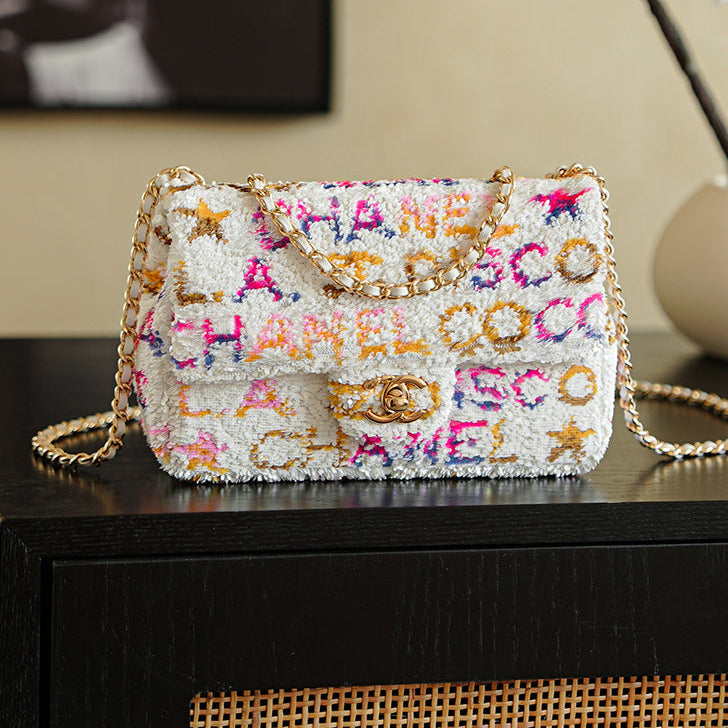 CC 2025 Flap Bag 21cm White Mix Colors Sequin 308604