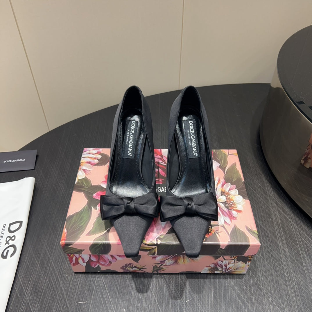 DC 25 Toe Bow High Heel Shoes 100mm Black Silk And Sheepskin 381609