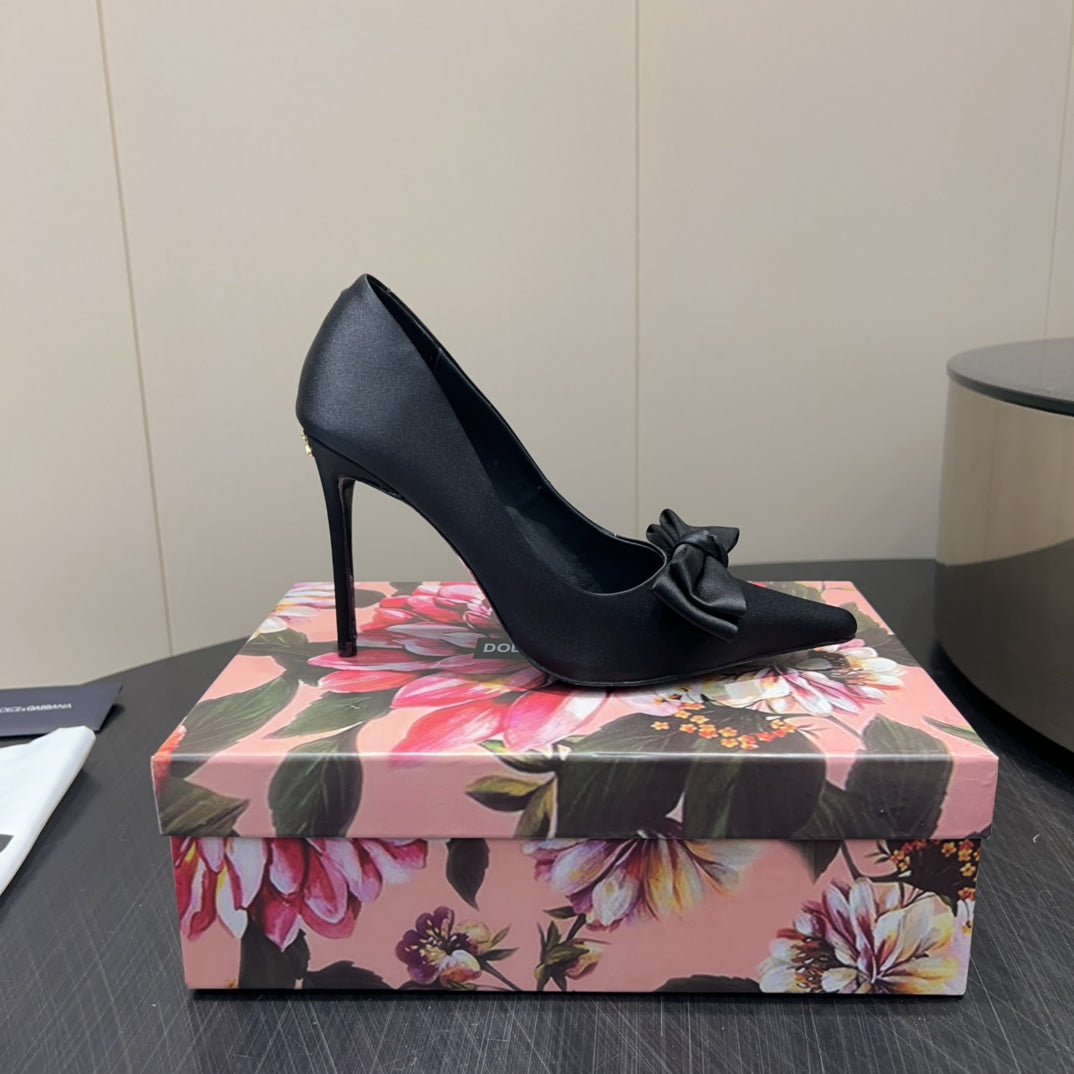 DC 25 Toe Bow High Heel Shoes 100mm Black Silk And Sheepskin 381609