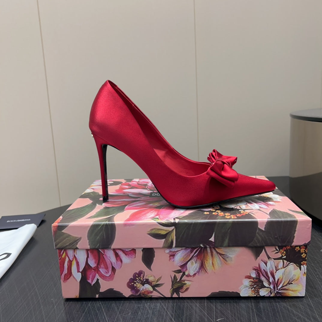 DC 25 Toe Bow High Heel Shoes 100mm Red Silk And Sheepskin 381610