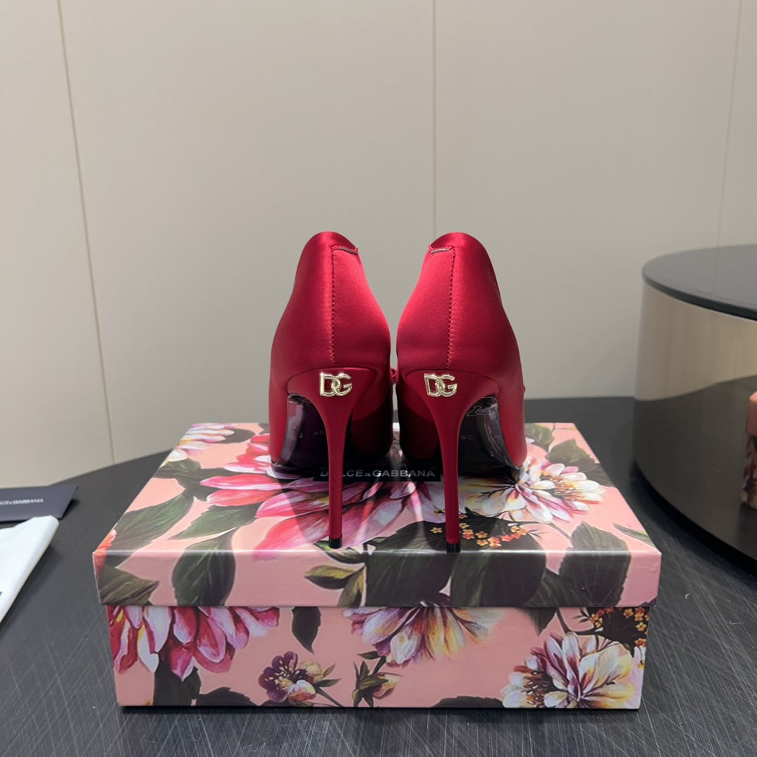 DC 25 Toe Bow High Heel Shoes 100mm Red Silk And Sheepskin 381610