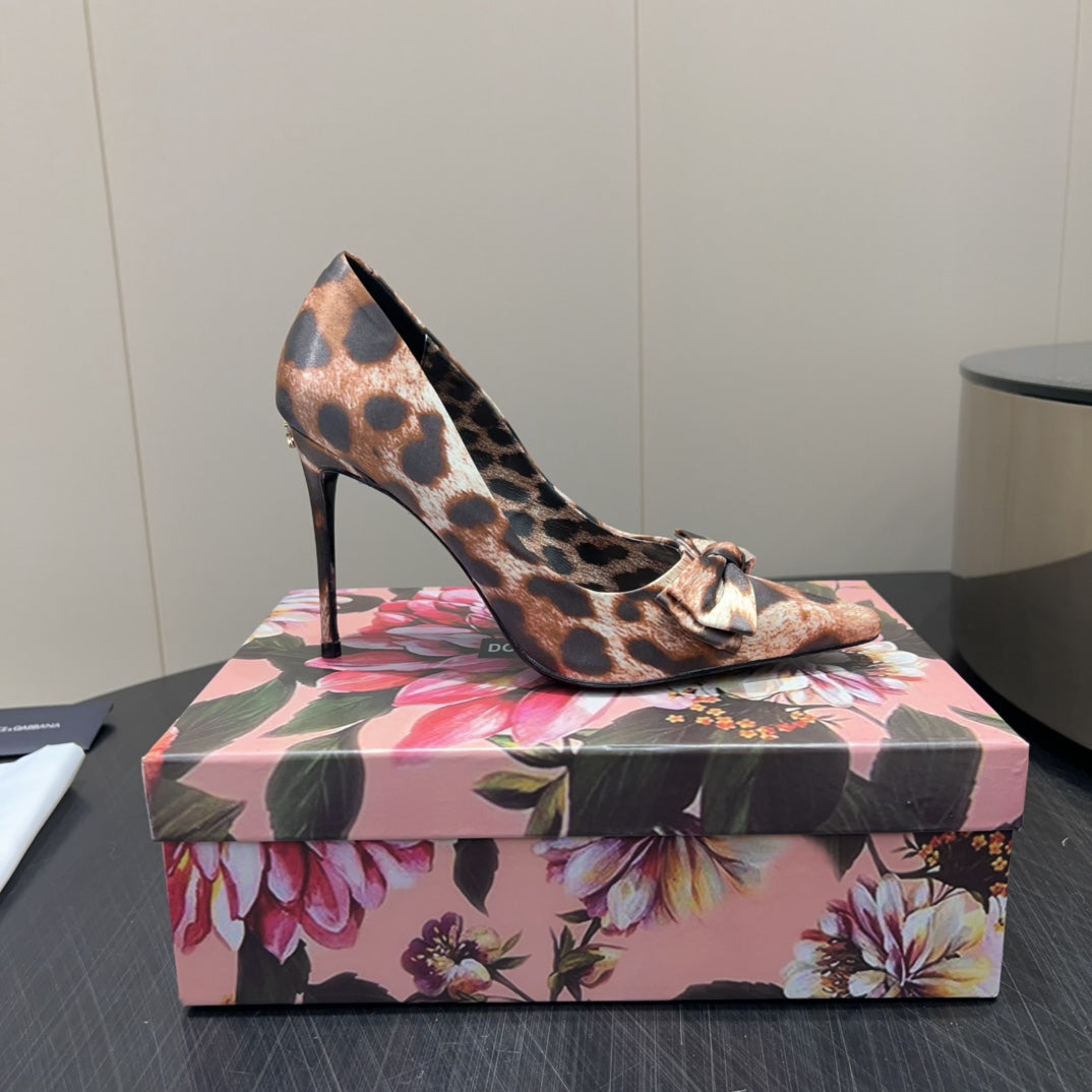 DC 25 Toe Bow High Heel Shoes 35mm Leopard-Print Silk And Sheepskin 381611