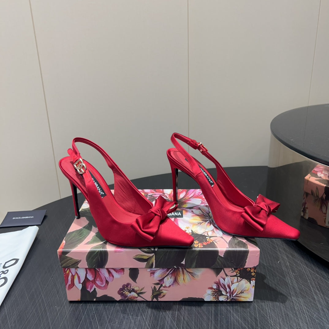 DC 25 Toe Bow High Heel Shoes 100mm Red Silk And Sheepskin 381613