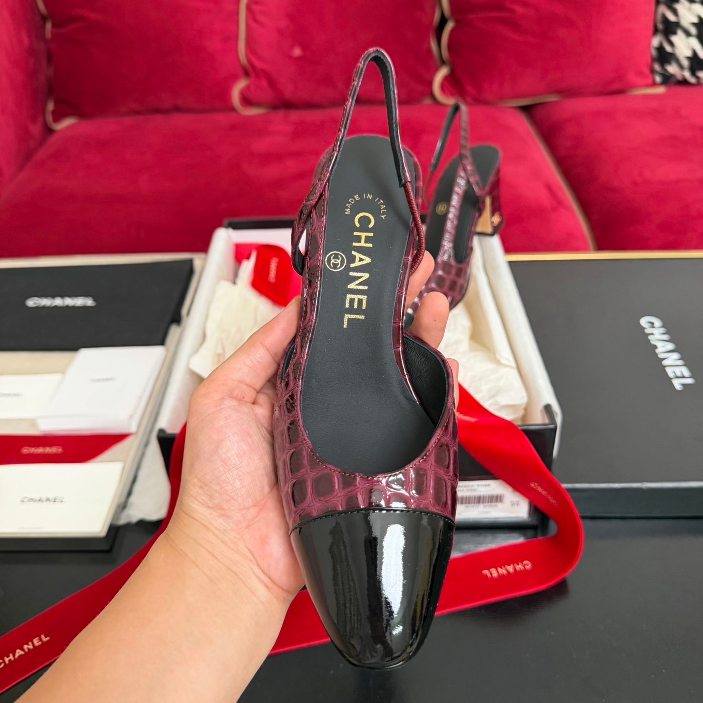 CC 26s Slingback Burgundy Black Glossy Crocodile Embossed Leather 901102