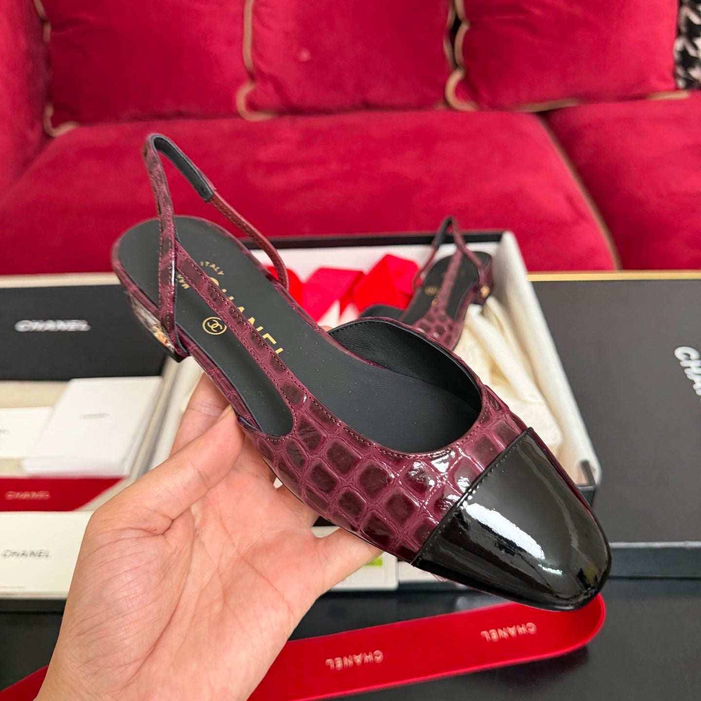CC 26s Slingback Burgundy Black Glossy Crocodile Embossed Leather 901103