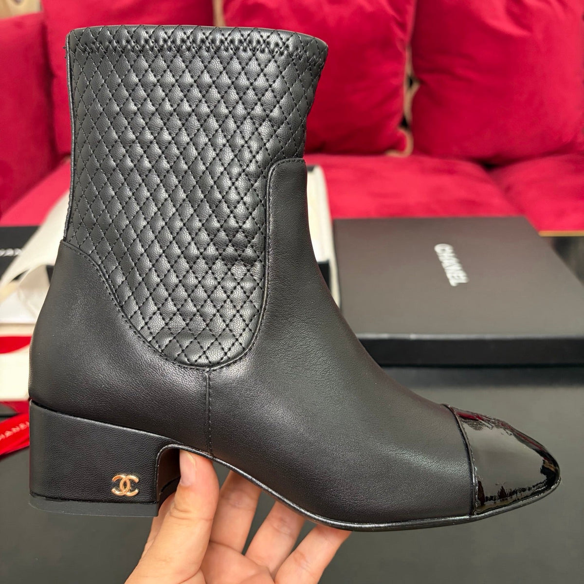Chanel 26K Shoes Ankle Boots Black Quilted Patent Black Toe Cap Low Heel 189003