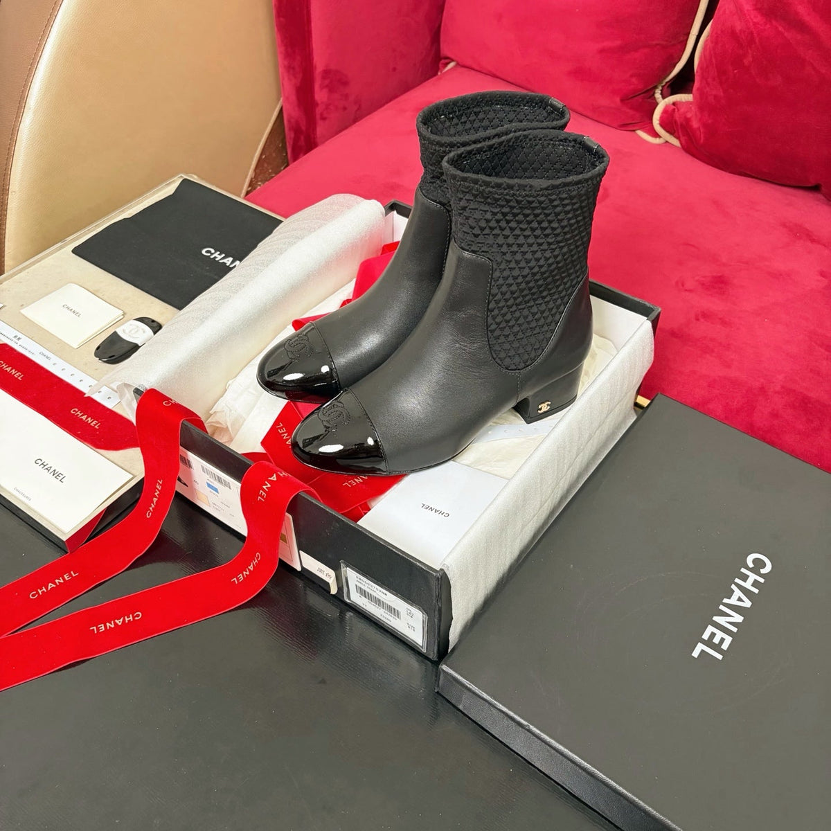 Chanel 26K Shoes Ankle Boots Black Quilted Patent Black Toe Cap Low Heel 189003