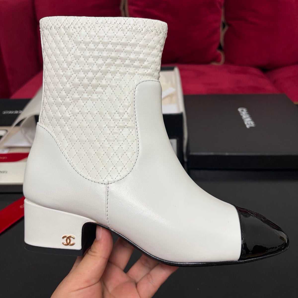 Chanel 26K Shoes Ankle Boots White Quilted Patent Black Toe Cap Low Heel 189004