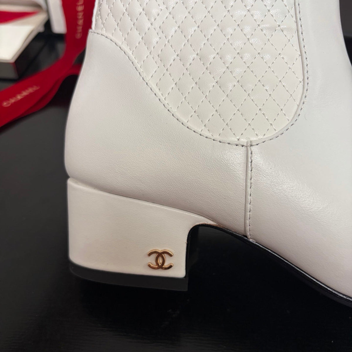 Chanel 26K Shoes Ankle Boots White Quilted Patent Black Toe Cap Low Heel 189004