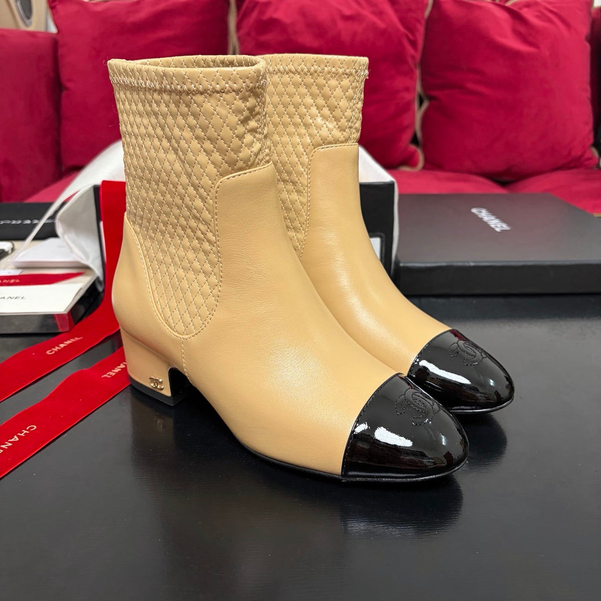 Chanel 26K Shoes Ankle Boots Beige Quilted Patent Black Toe Cap Low Heel 189006