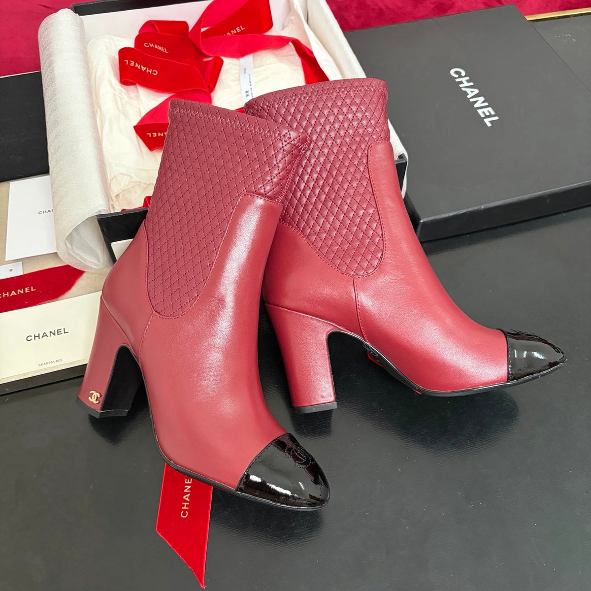 Chanel 26K Shoes Ankle Boots Burgundy Quilted Patent Black Toe Cap 189009