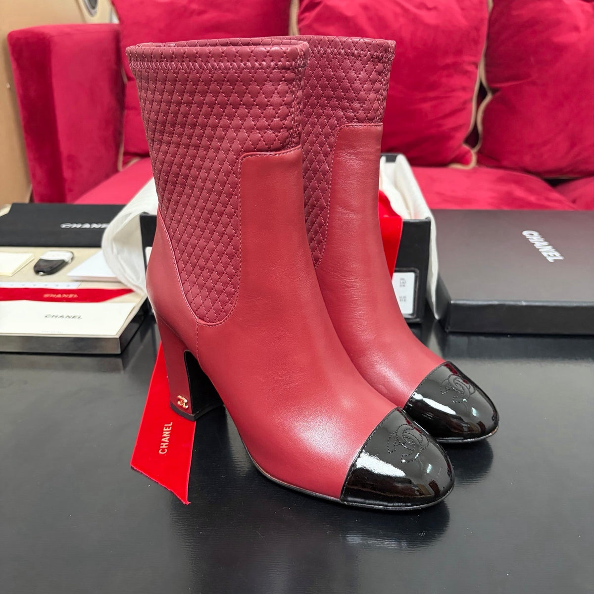 Chanel 26K Shoes Ankle Boots Burgundy Quilted Patent Black Toe Cap 189009