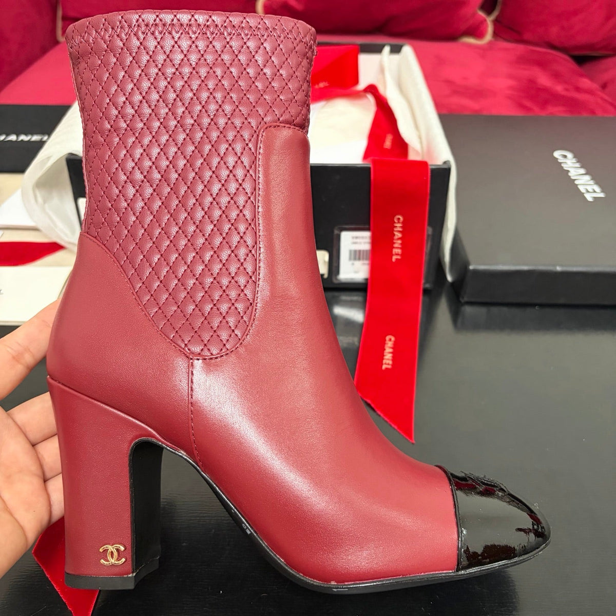 Chanel 26K Shoes Ankle Boots Burgundy Quilted Patent Black Toe Cap 189009