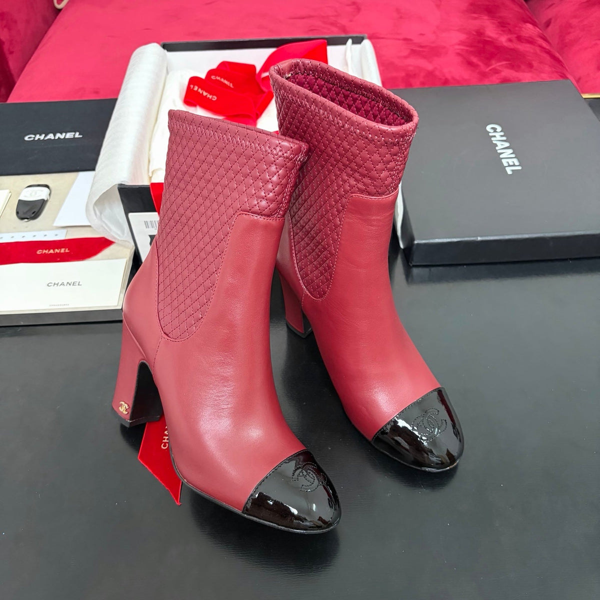 Chanel 26K Shoes Ankle Boots Burgundy Quilted Patent Black Toe Cap 189009