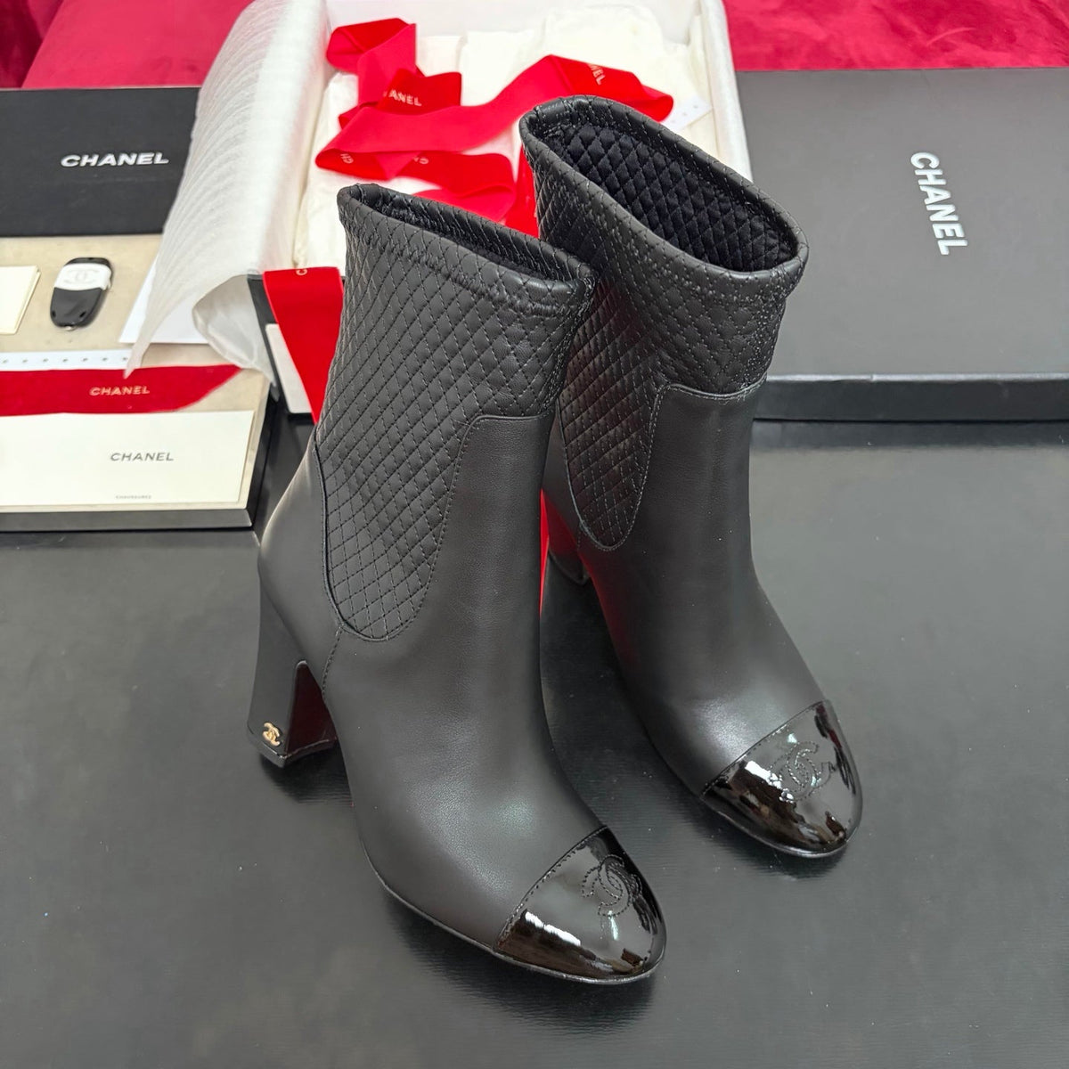 Chanel 26K Shoes Ankle Boots Black Quilted Patent Black Toe Cap 189010