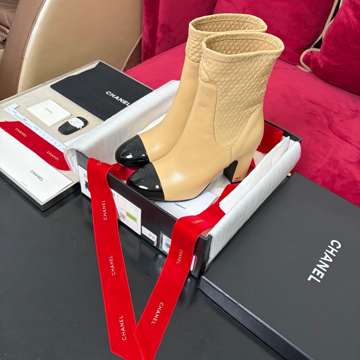Chanel 26K Shoes Ankle Boots Beige Quilted Patent Black Toe Cap 189011