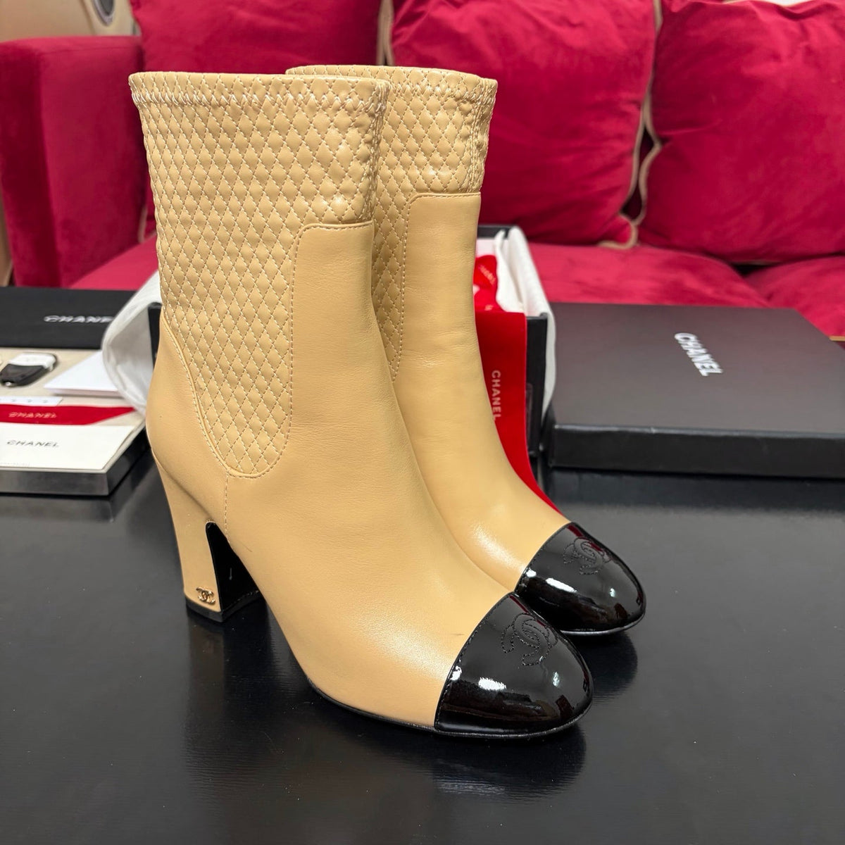 Chanel 26K Shoes Ankle Boots Beige Quilted Patent Black Toe Cap 189011