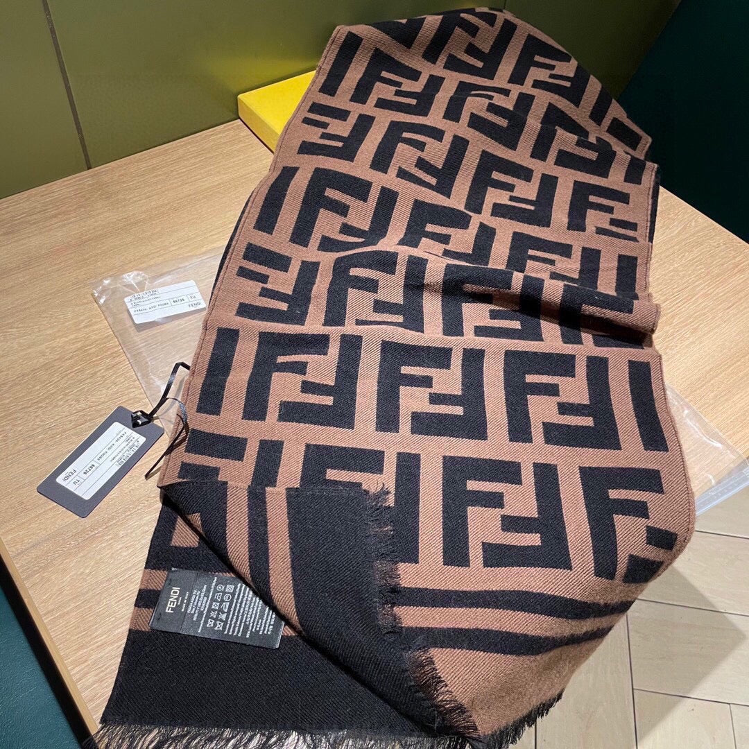FF 180 Cm Scarf In Camel Brown Mix Black Cashmere And Wool