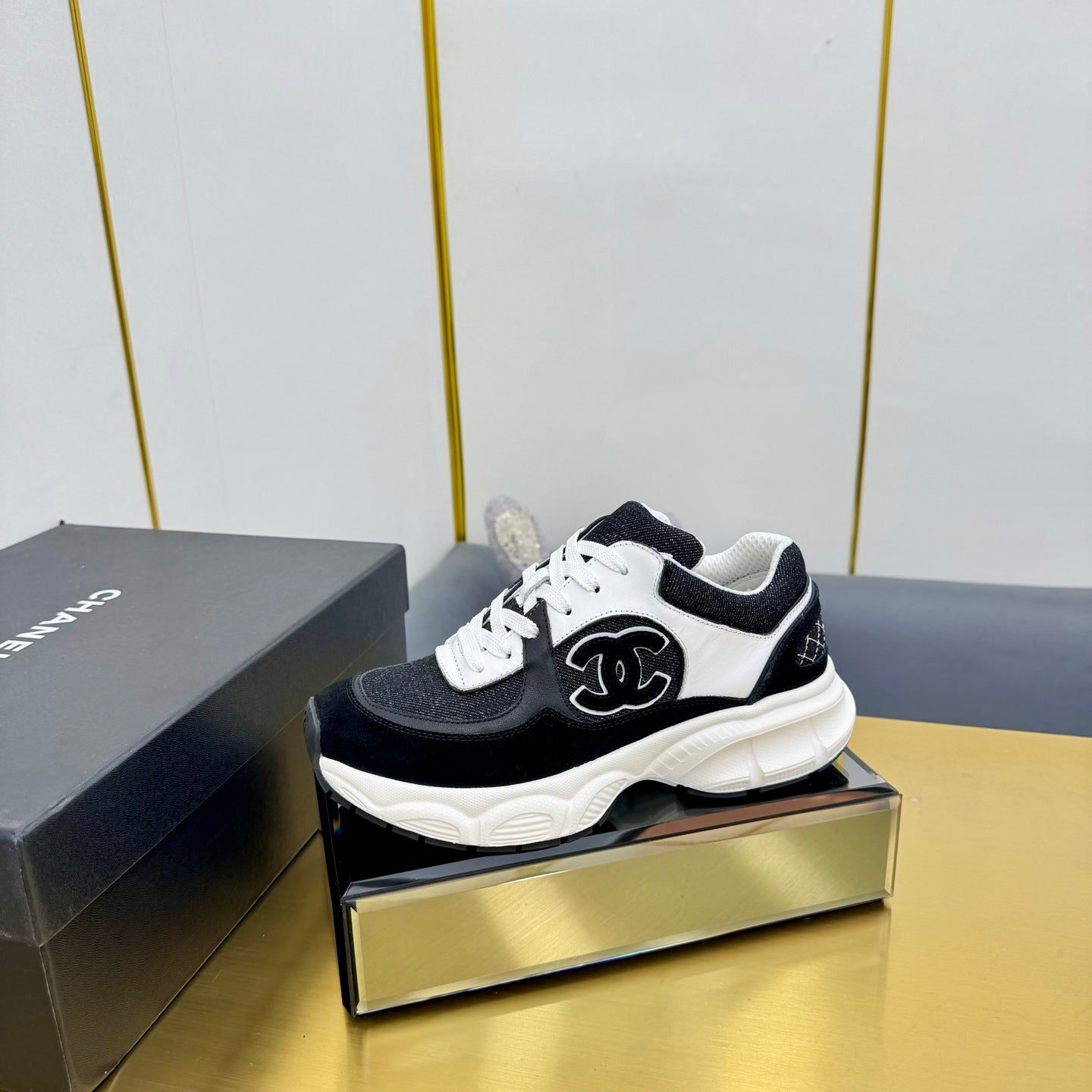 CC 26s Chunky Sneakers White Black Denim Suede 927332