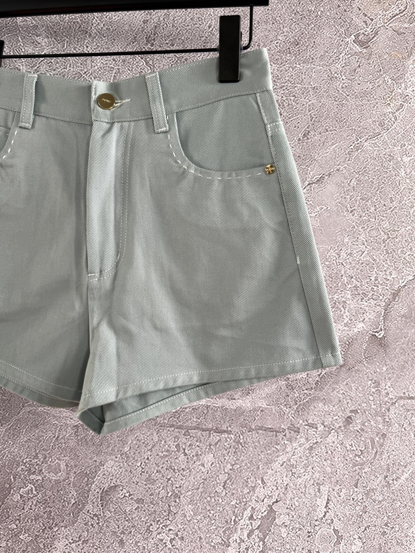 Fendi Hand-made Needle-picking Shorts Blue Green Cotton