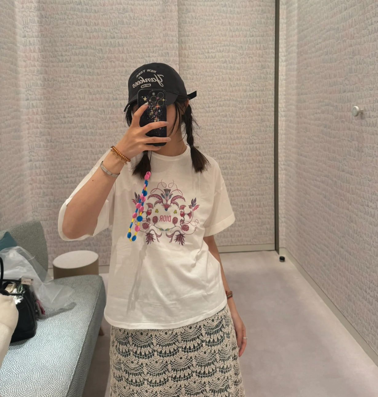 CD Floral Pattern t-shirt White Pink Cotton