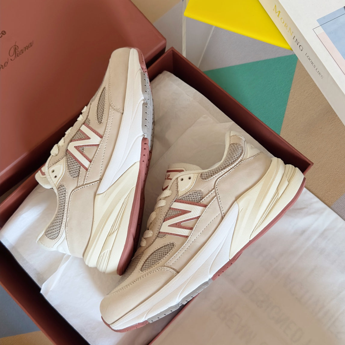 LP x NB 990v6 Sneaker 45mm white grey dark pink calfskin and mesh fabric