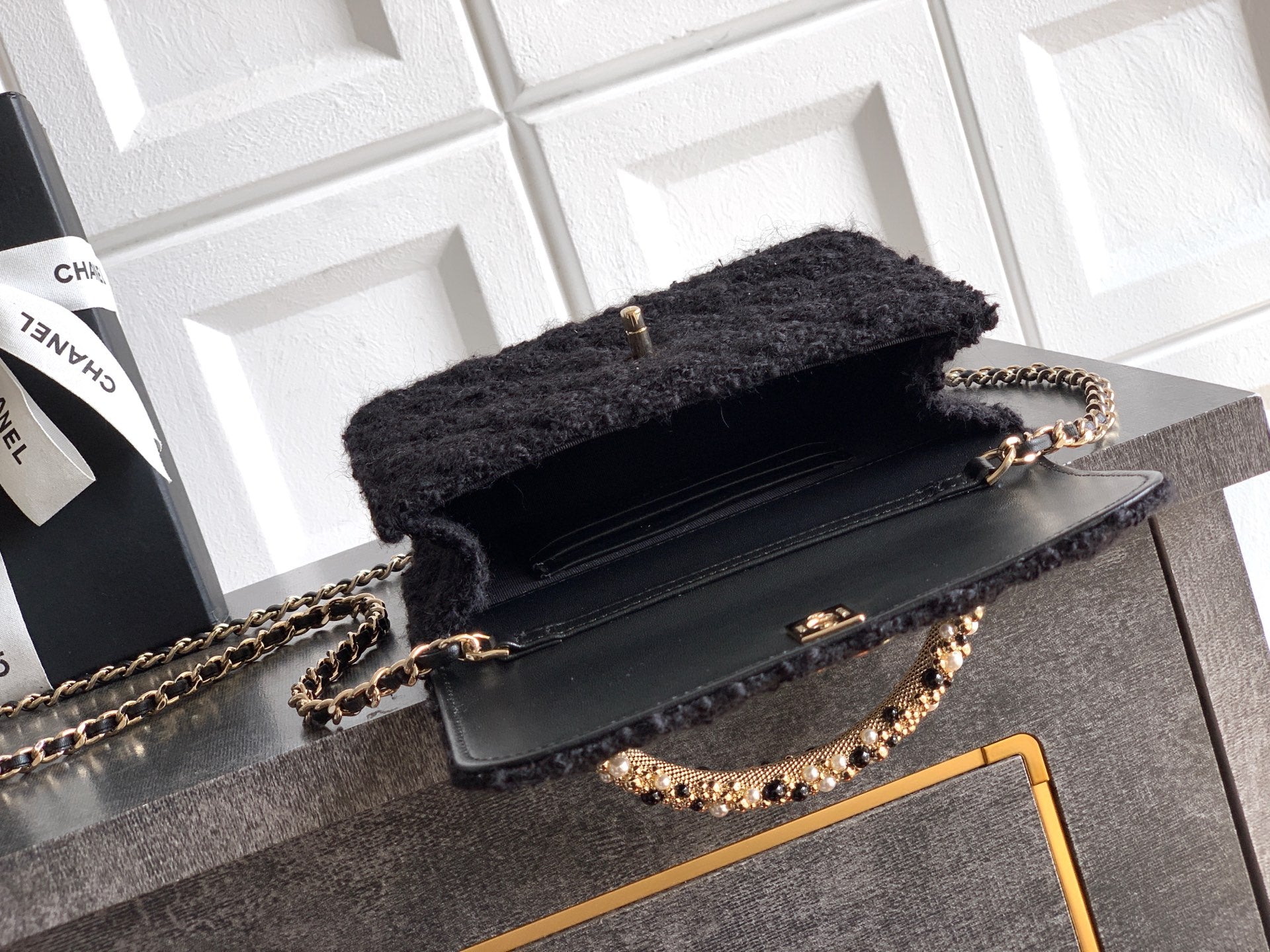 CC Mini Flap Bag 17.5 With Handle Black Tweed