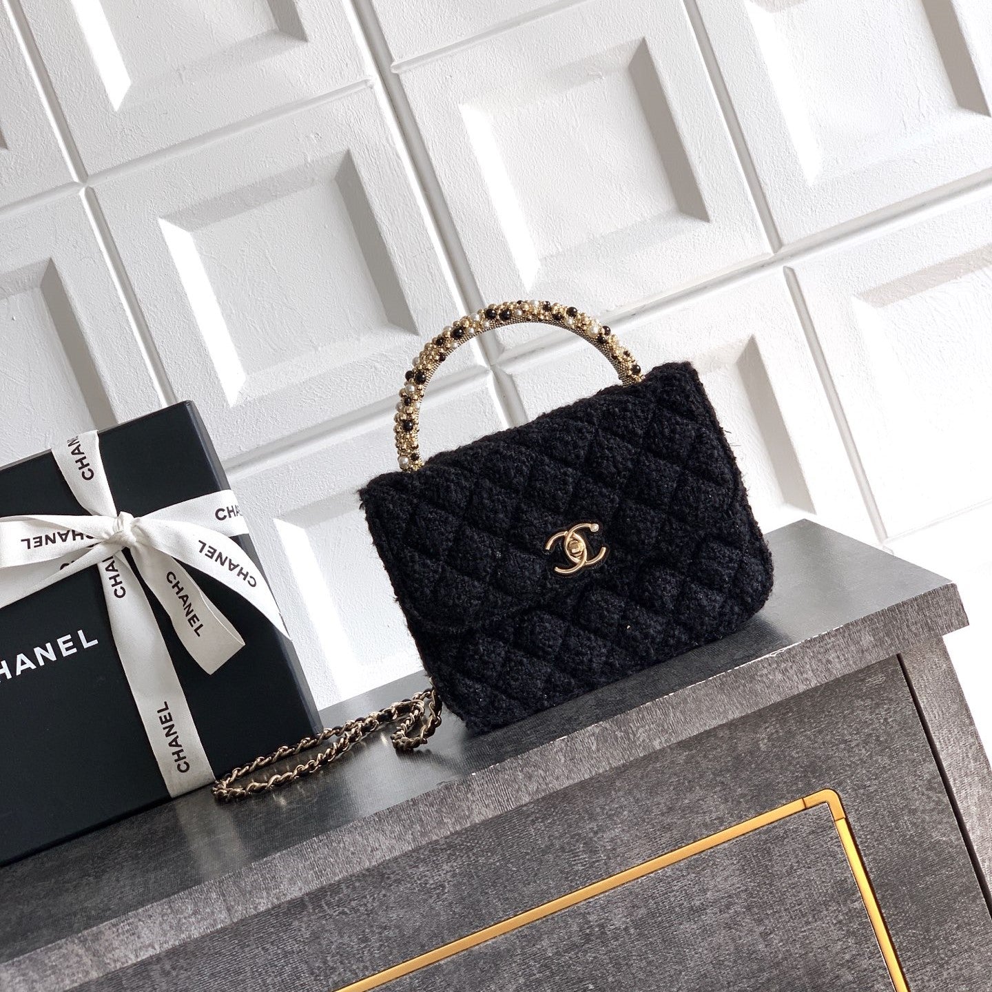 CC Mini Flap Bag 17.5 With Handle Black Tweed