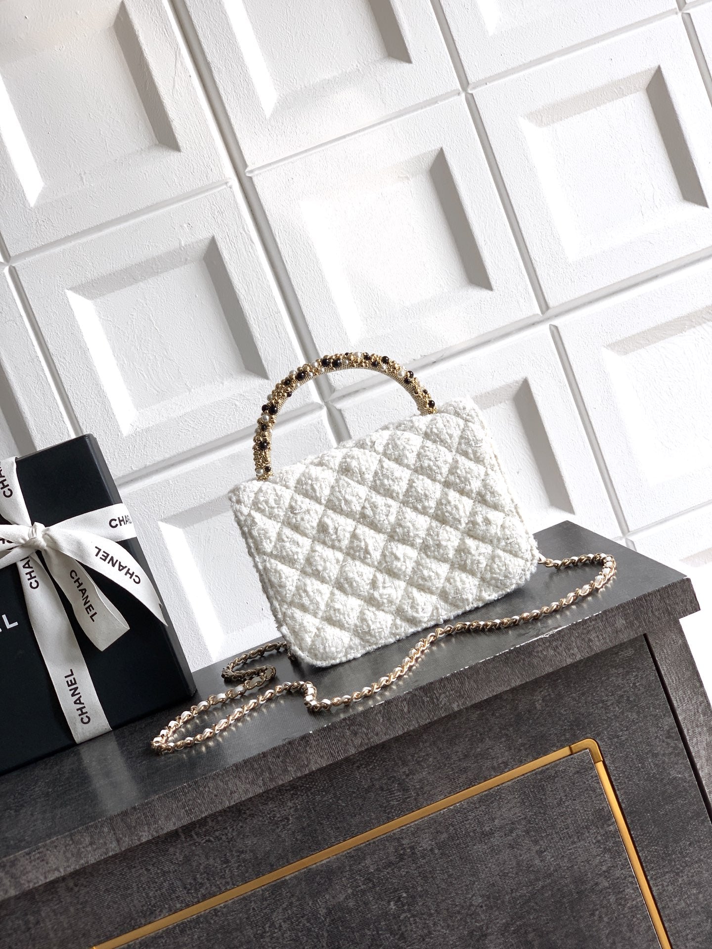 CC Mini Flap Bag 17.5 With Handle White Tweed