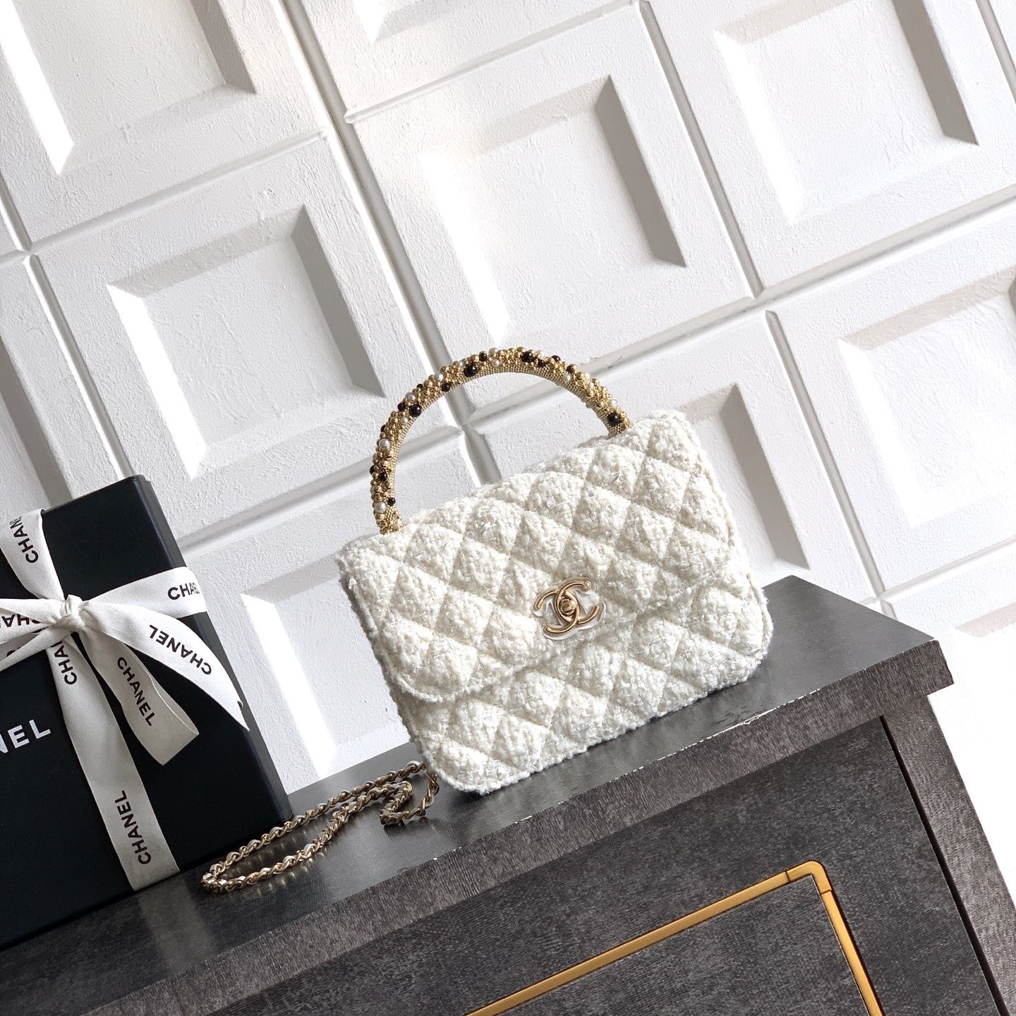 CC Mini Flap Bag 17.5 With Handle White Tweed