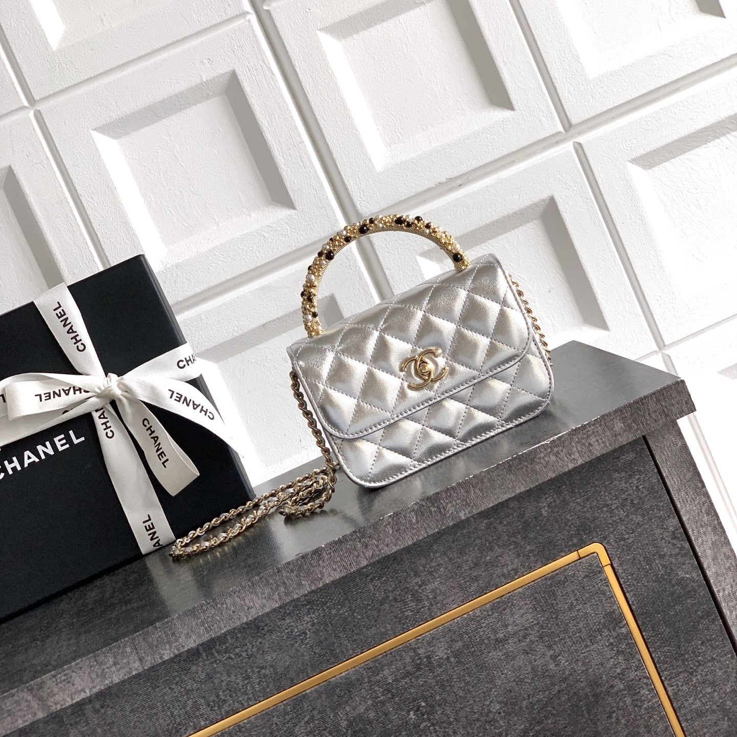CC Mini Flap Bag 15 With Handle Sliver Metalic Lambskin