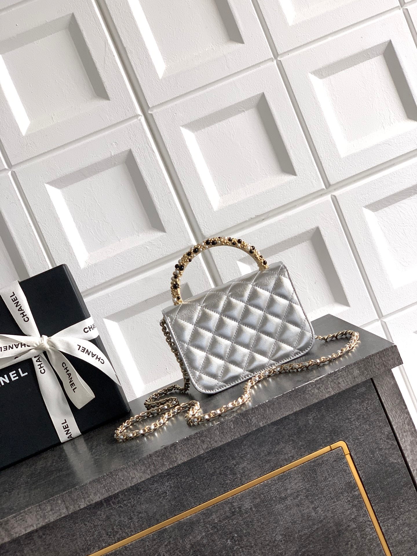 CC Mini Flap Bag 15 With Handle Sliver Metalic Lambskin