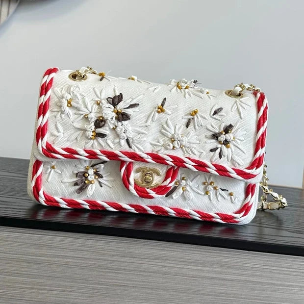 Chanel 2026 Classic 11.12 Bag 25.5cm White Red Woven Leather