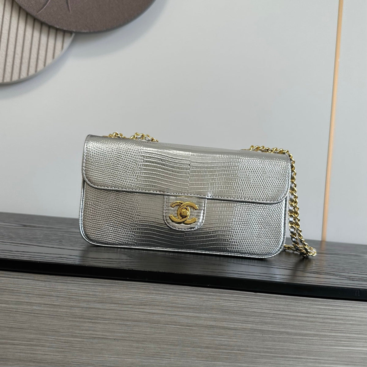 Chanel 2026 Pouch With Chain Strap 21.5cm Silver Metallic Lizard
