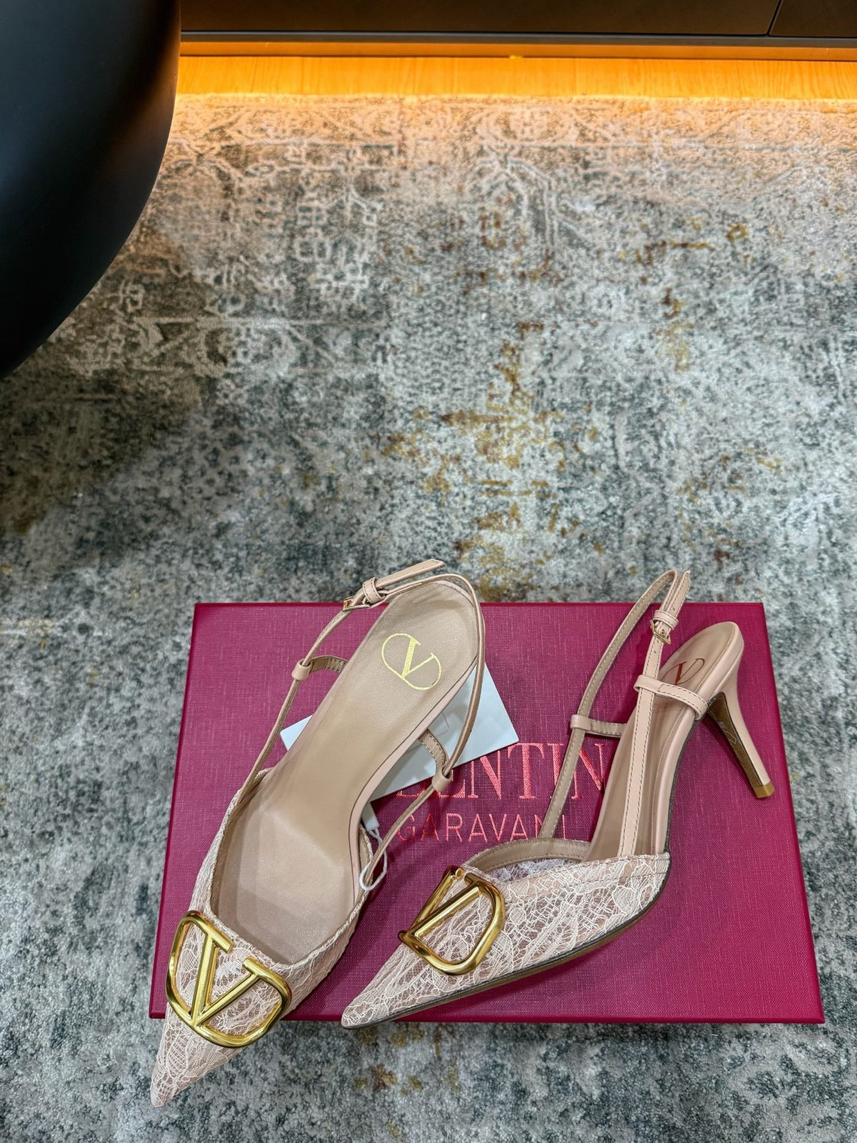 Valentino 26s VLogo Slingback Pumps Pink Lace Leather 198260