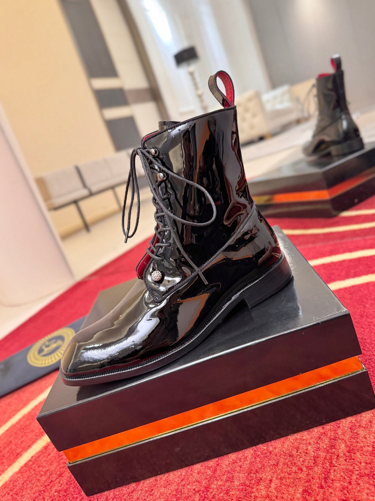 CL 2026 Combat Boots Black Red Logo Patent Leather 193549