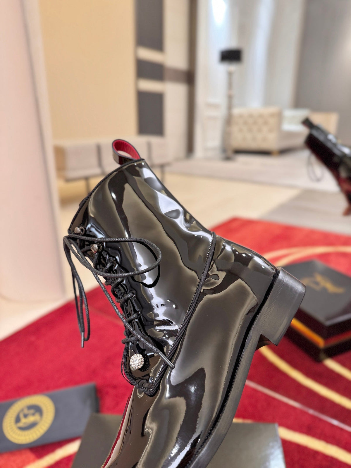 CL 2026 Combat Boots Black Red Logo Patent Leather 193549