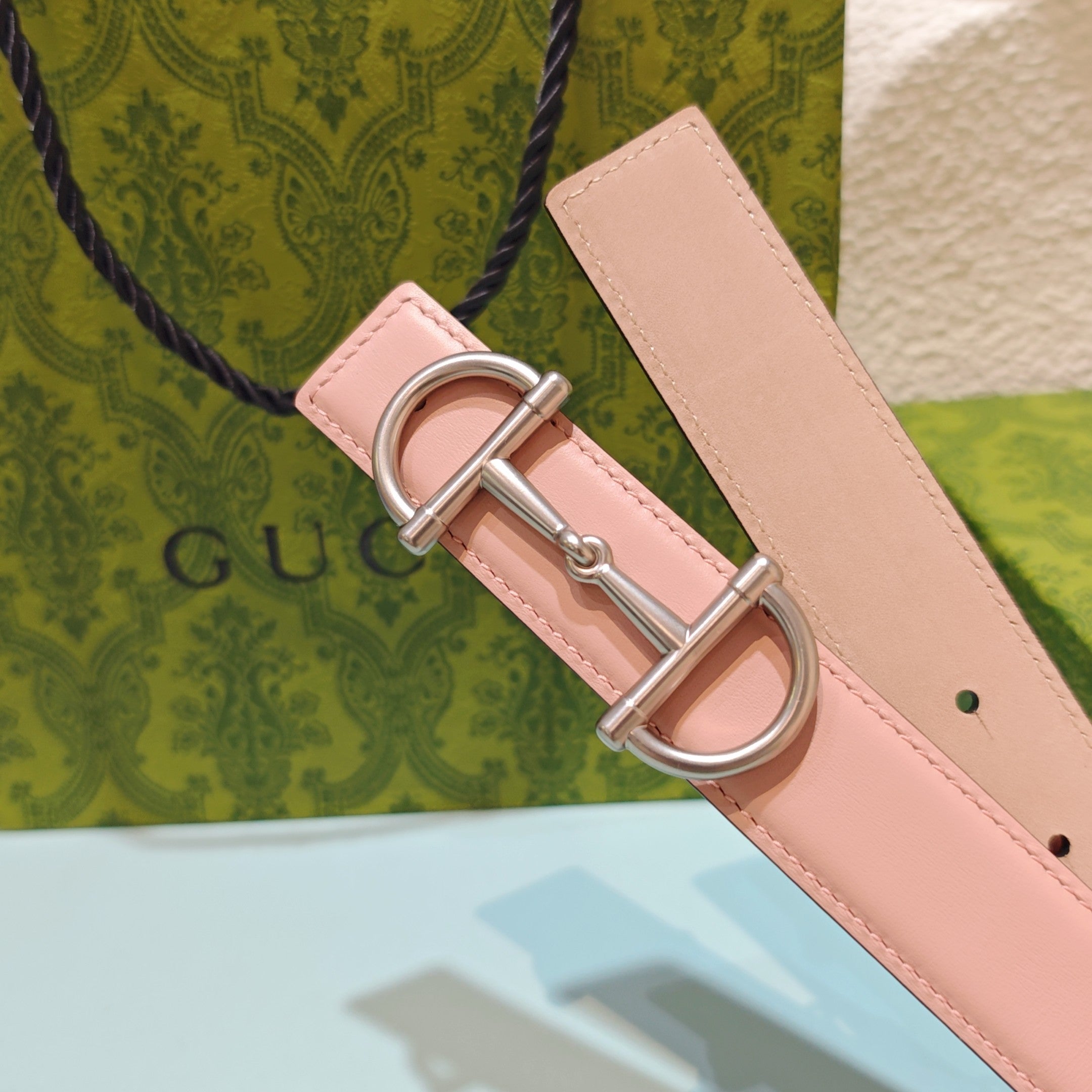 GG 3.0 Horsebit-Detailed Belt Pink Sliver Smooth Leather 200193