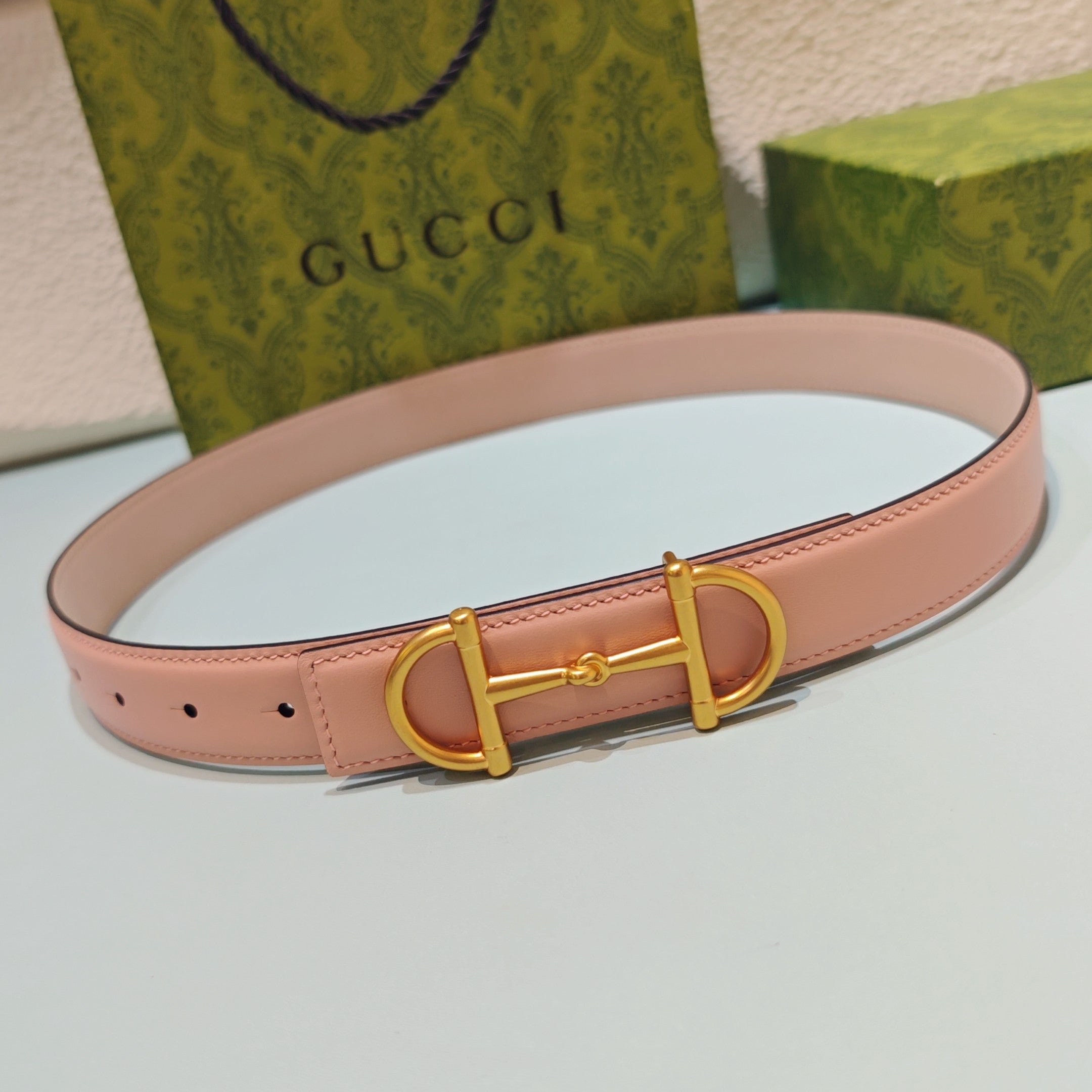 GG 3.0 Horsebit-Detailed Belt Pink Gold Smooth Leather 200192