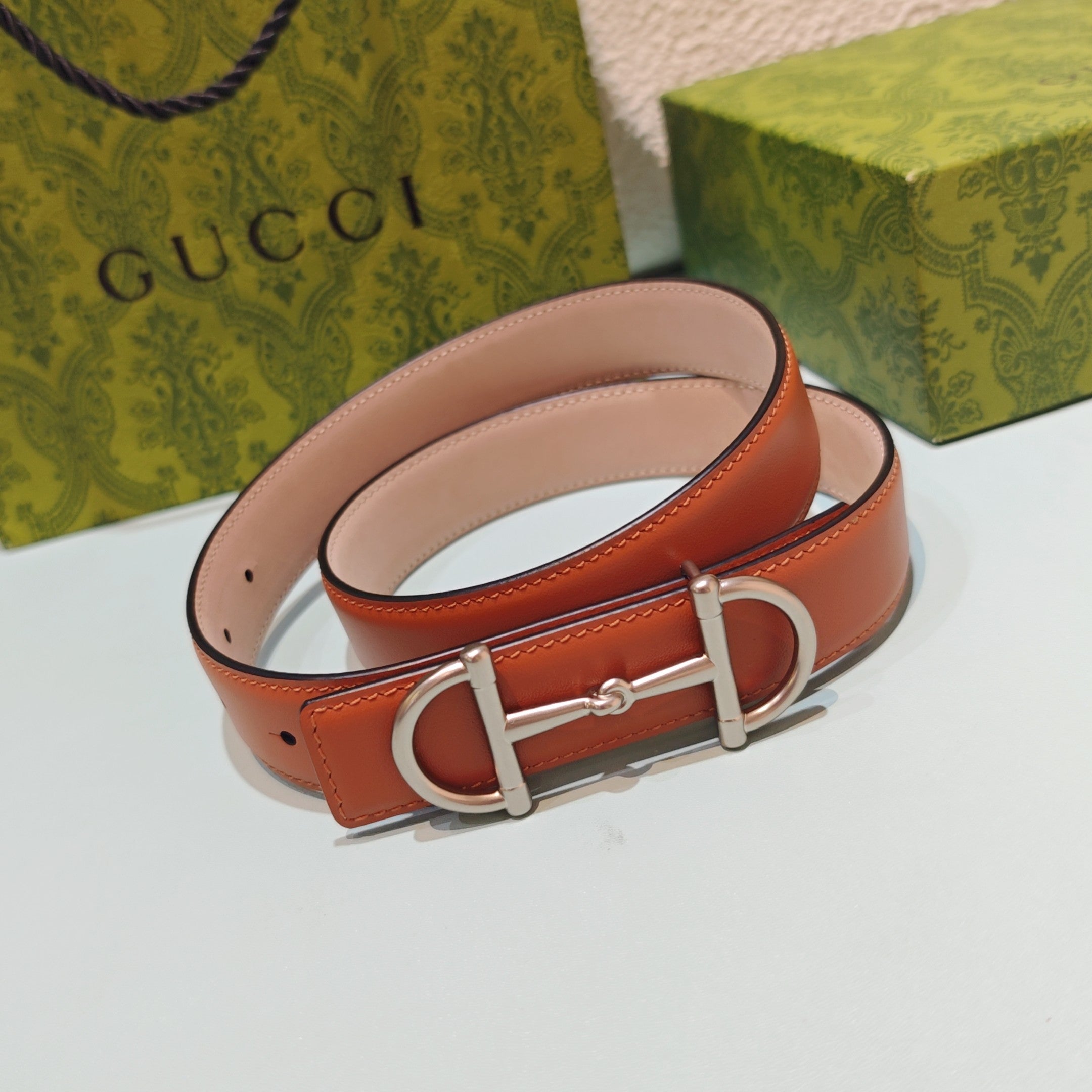 GG 3.0 Horsebit-Detailed Belt Red-Brown Sliver Smooth Leather 200191