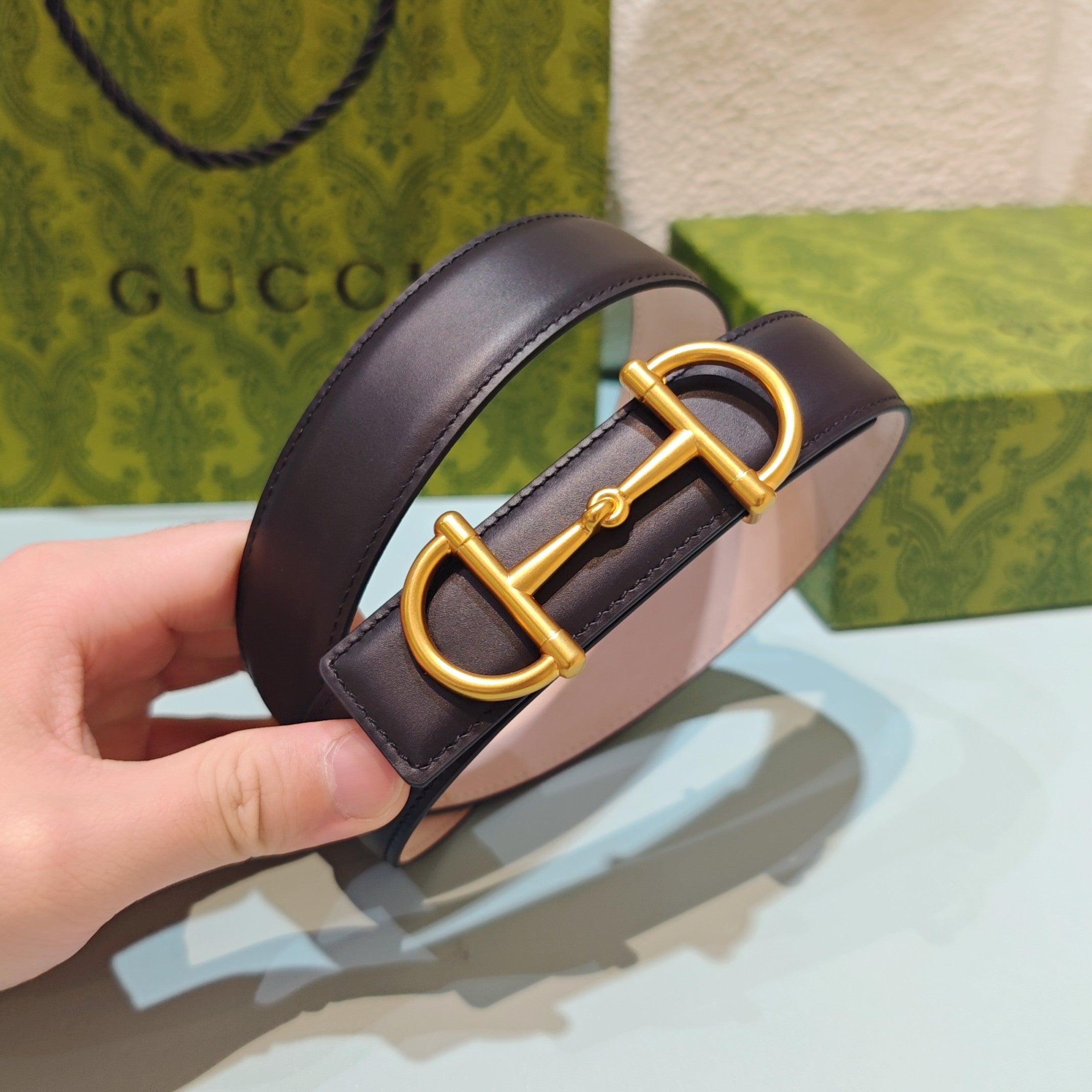 GG 3.0 Horsebit-Detailed Belt Black Gold Smooth Leather 200188