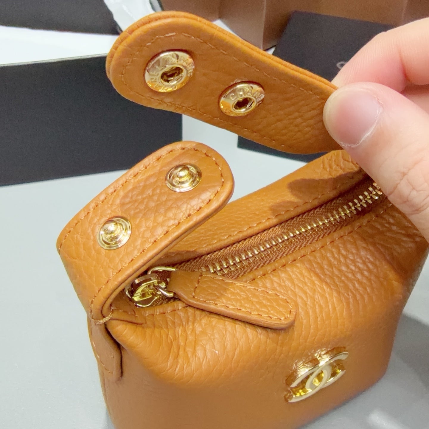 CC 26s Micro Top Handle Round Hobo Pouch Tan Brown Grained Calfskin 216542