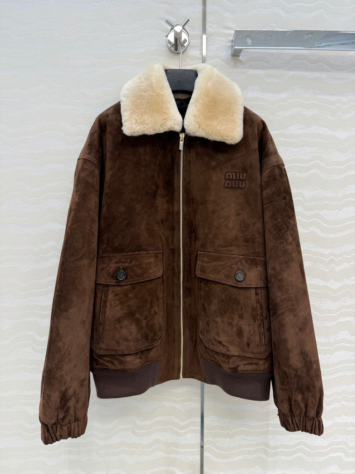 Miumiu 26S Shearling Collar Suede Jacket Dark Brown 440896