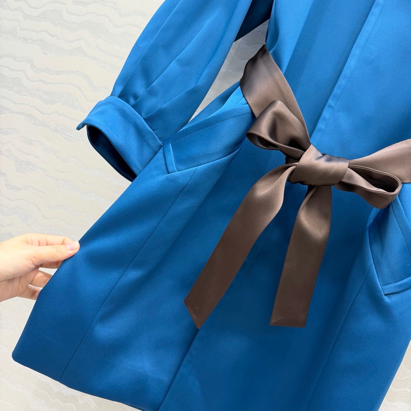 YSL Belted Coat Stonewash Blue Silk Satin 341266