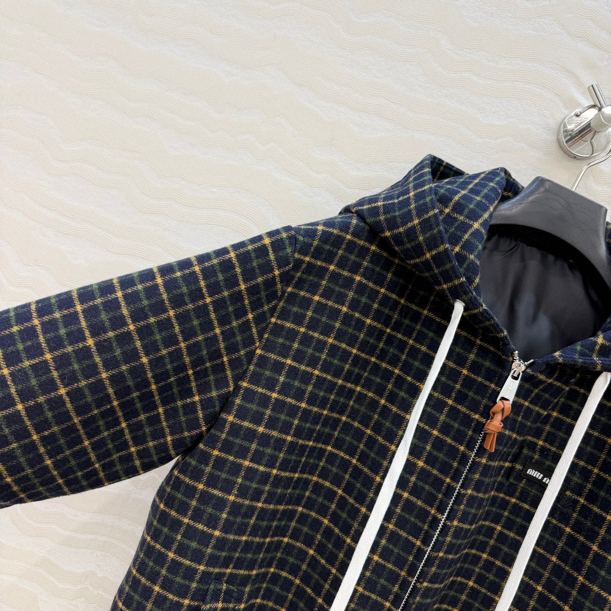 Miu 26s Hoodie Jacket Navy Check Wool Polyester 438926
