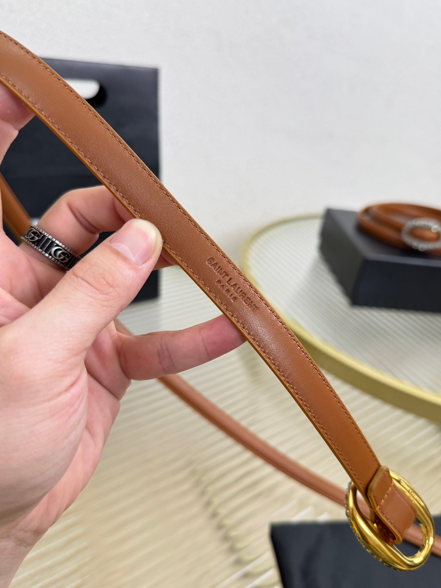 YSL 1.5 Gold Oval Buckle Belt Brown Leather 200481