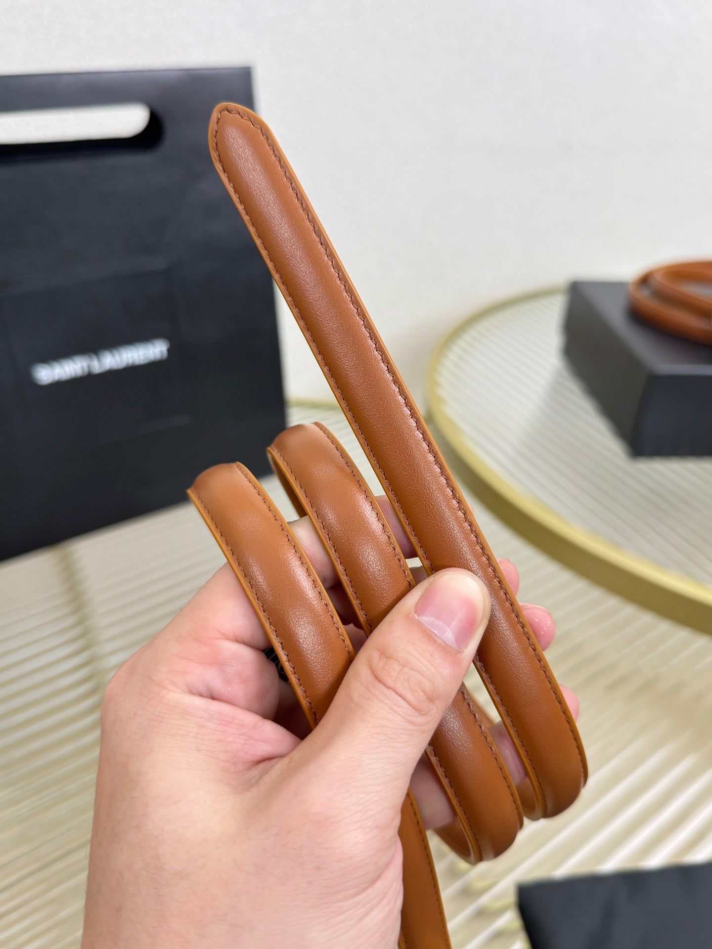 YSL 1.5 Gold Oval Buckle Belt Brown Leather 200481