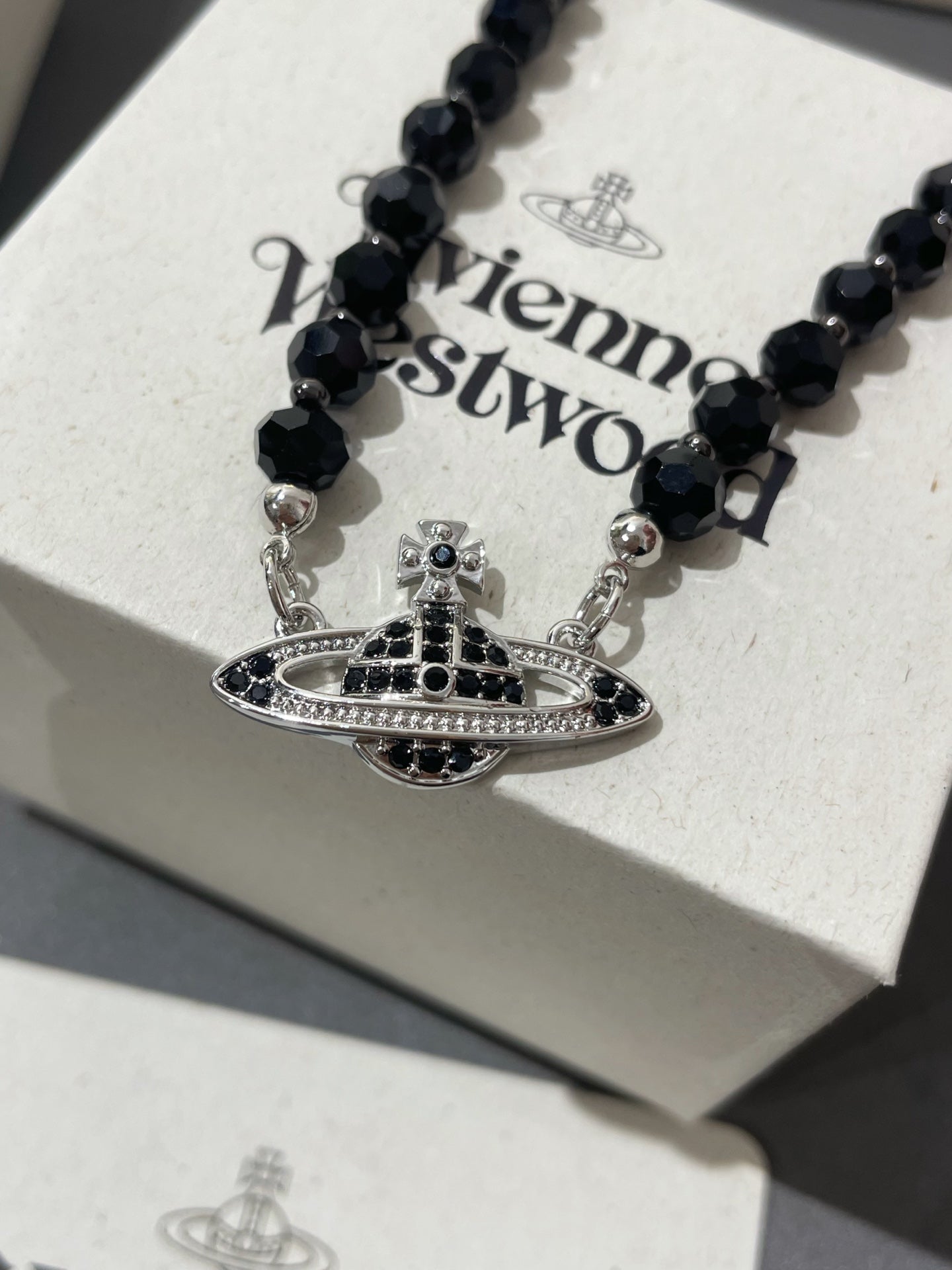 Vivienne Westwood Black Crystal Saturn Necklace