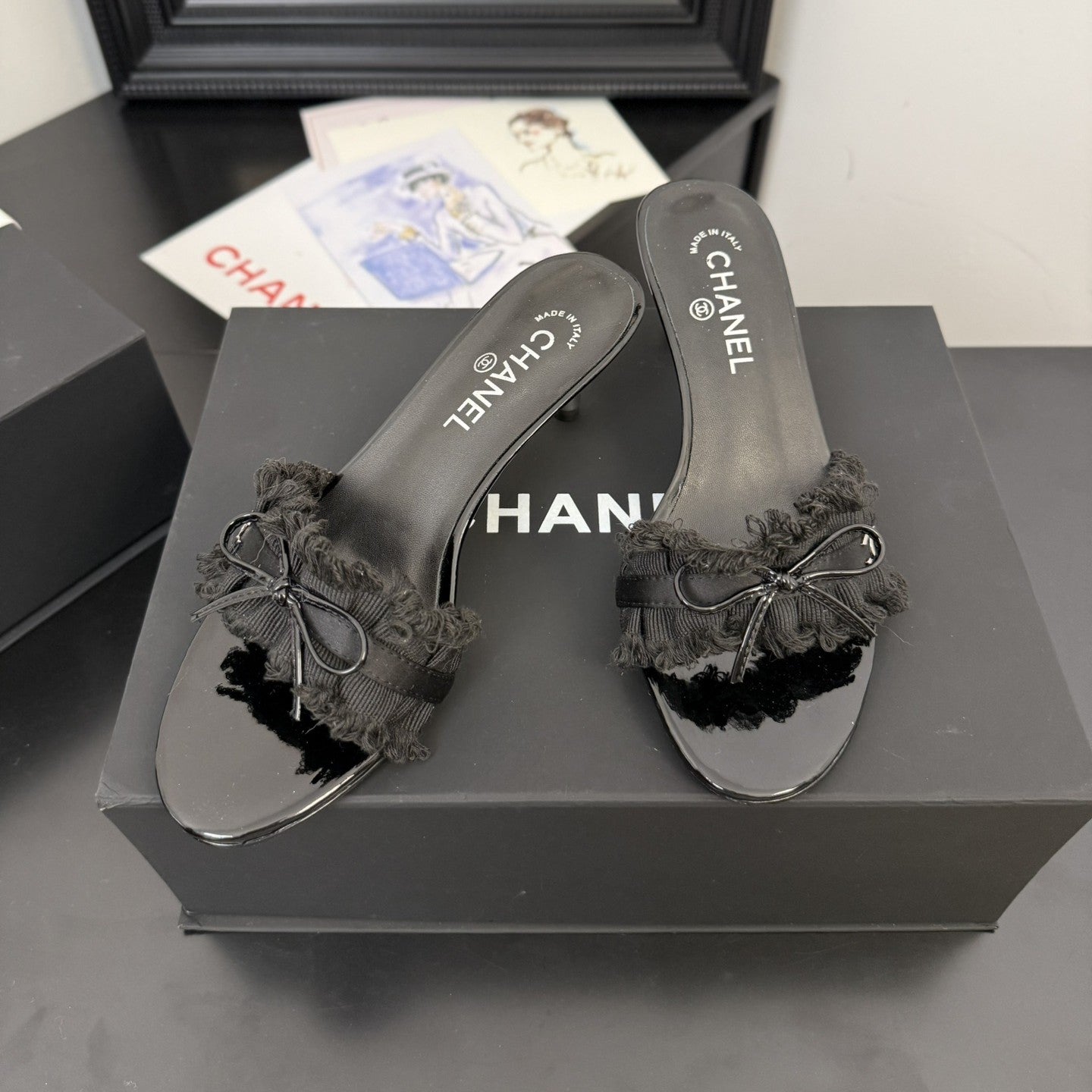 cc25 slide sandal 65mm ruffle bow heels black grosgrain canvas 233584