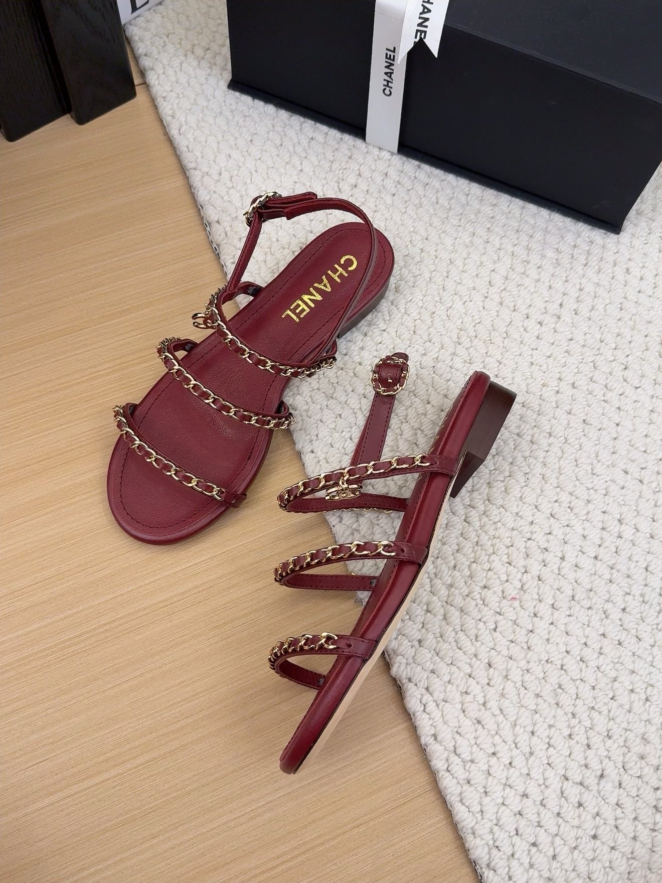 CC 25S Sandal Three Leather Strap Red Calfskin